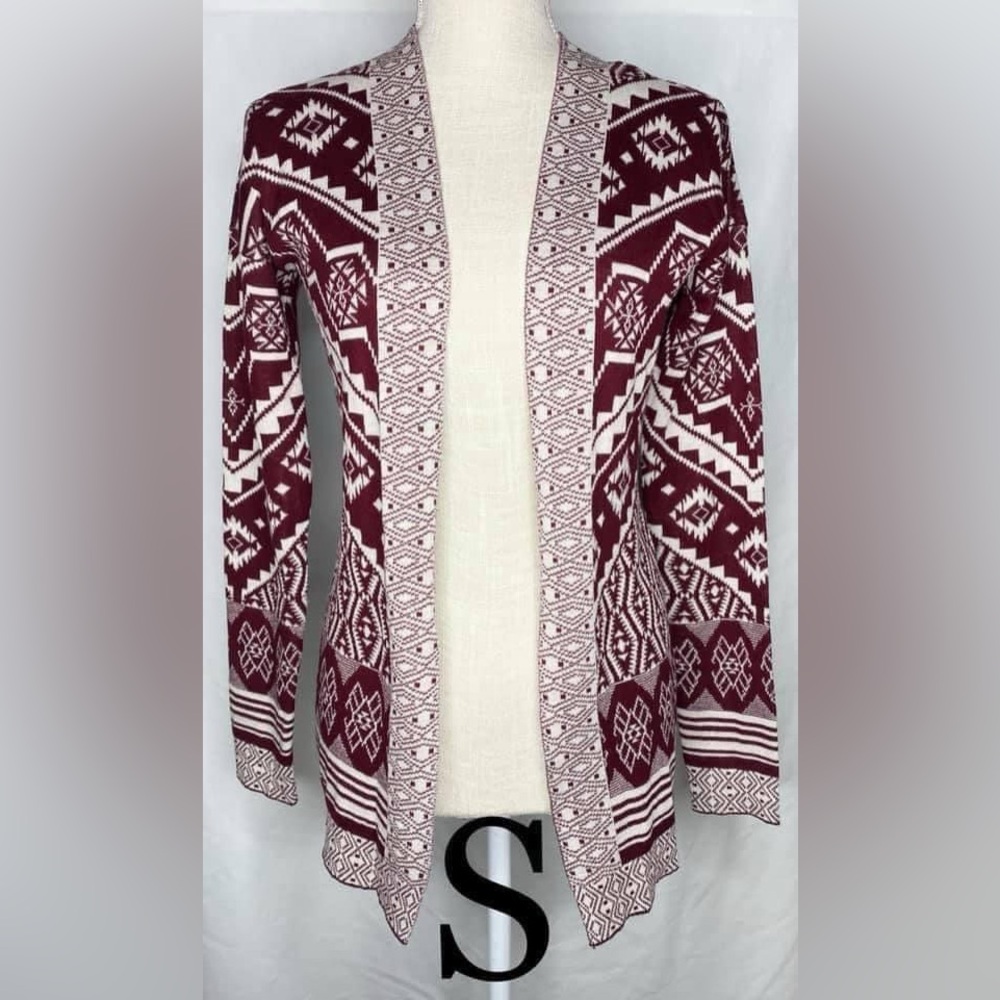 Burgundy Tribal Aztec Print Cardigan Sweater